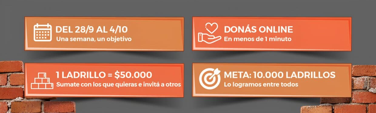 Del 28/9 al 4/10 · Donás online en menos de 1 minuto · 1 ladrillo = $50.000 · Meta 10.000 ladrillos